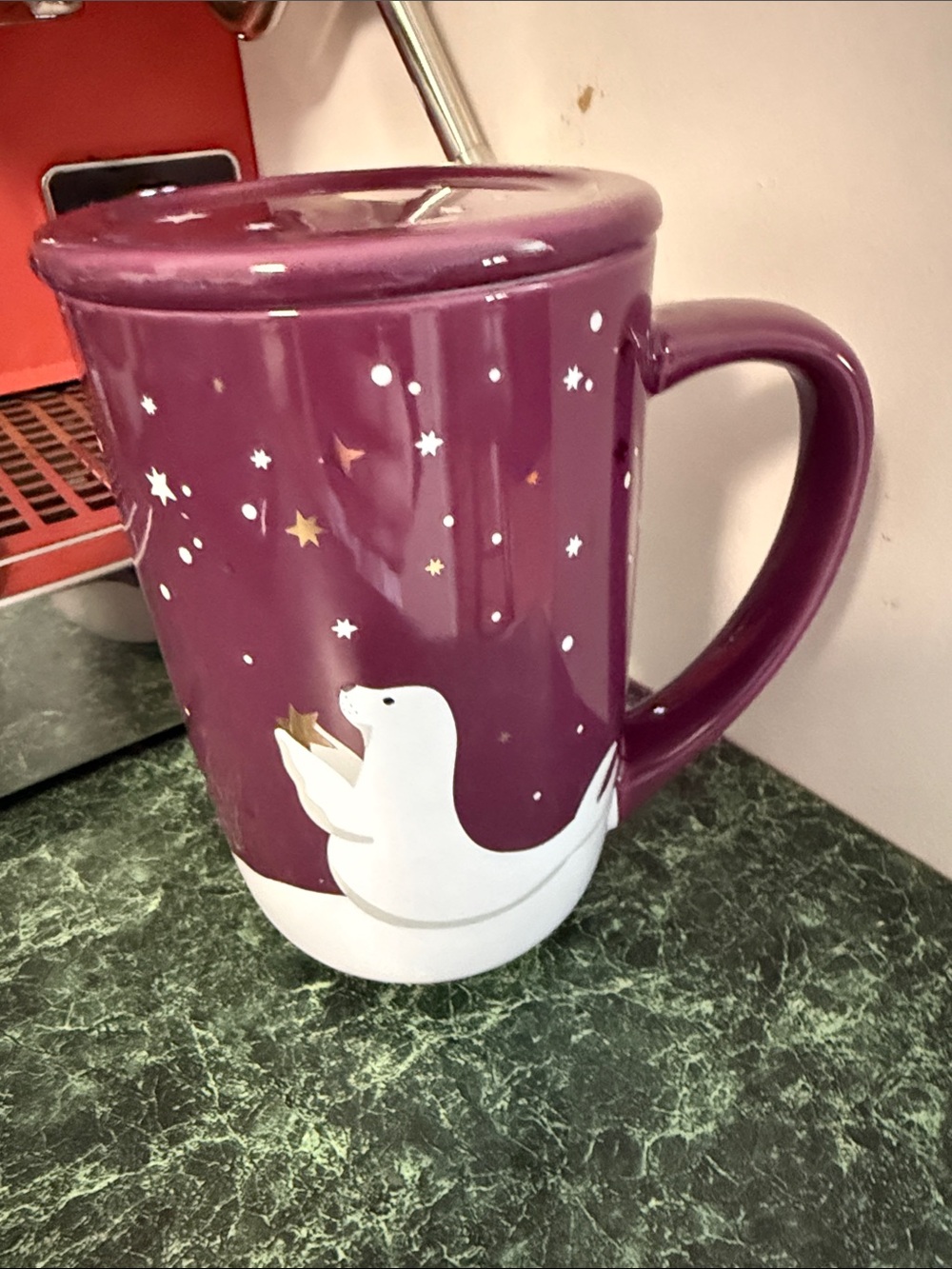 David’s Tea Purple seal Ceramic Mug with Lid